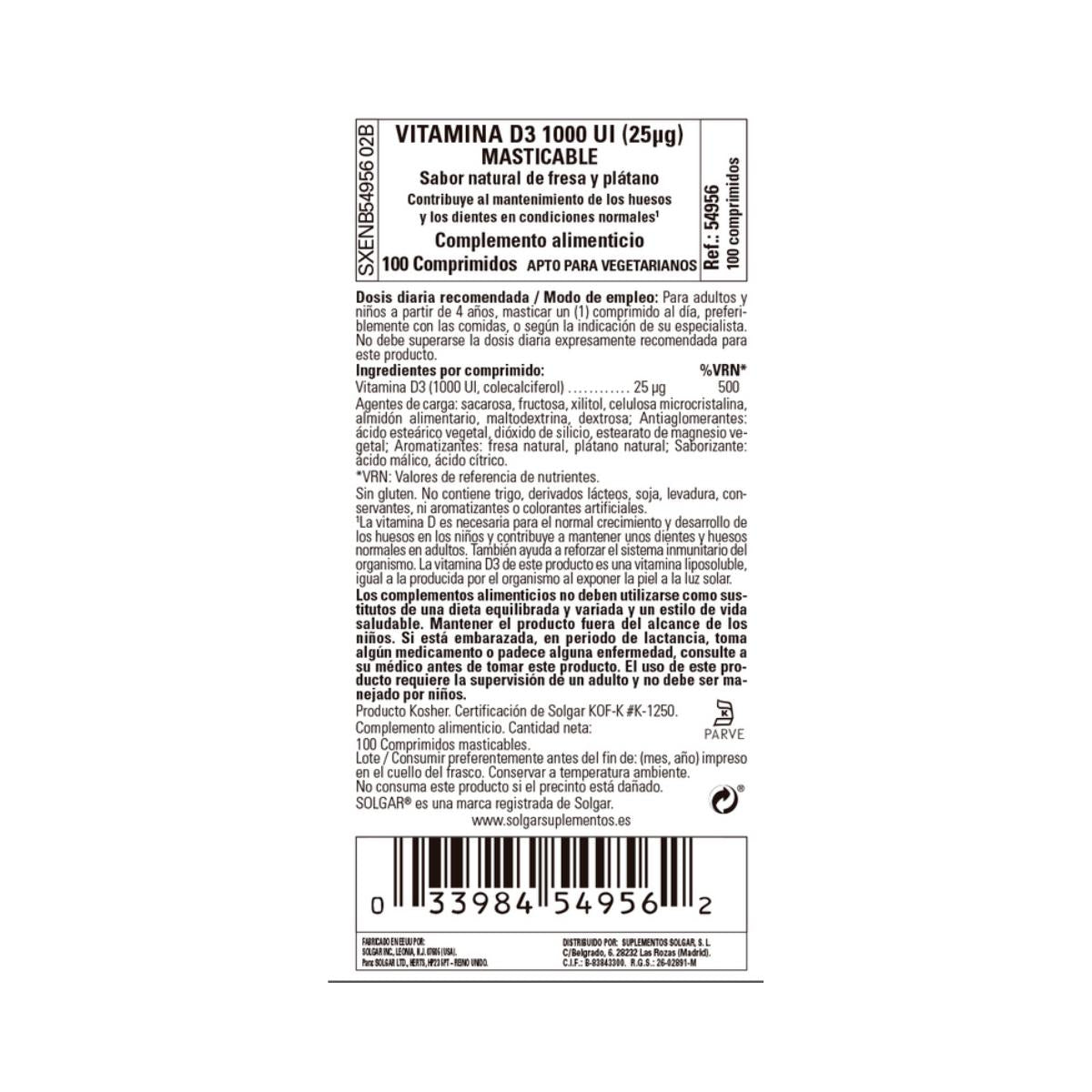 Vitamina D3 1000 UI, 100 comp. masticables de 25μg