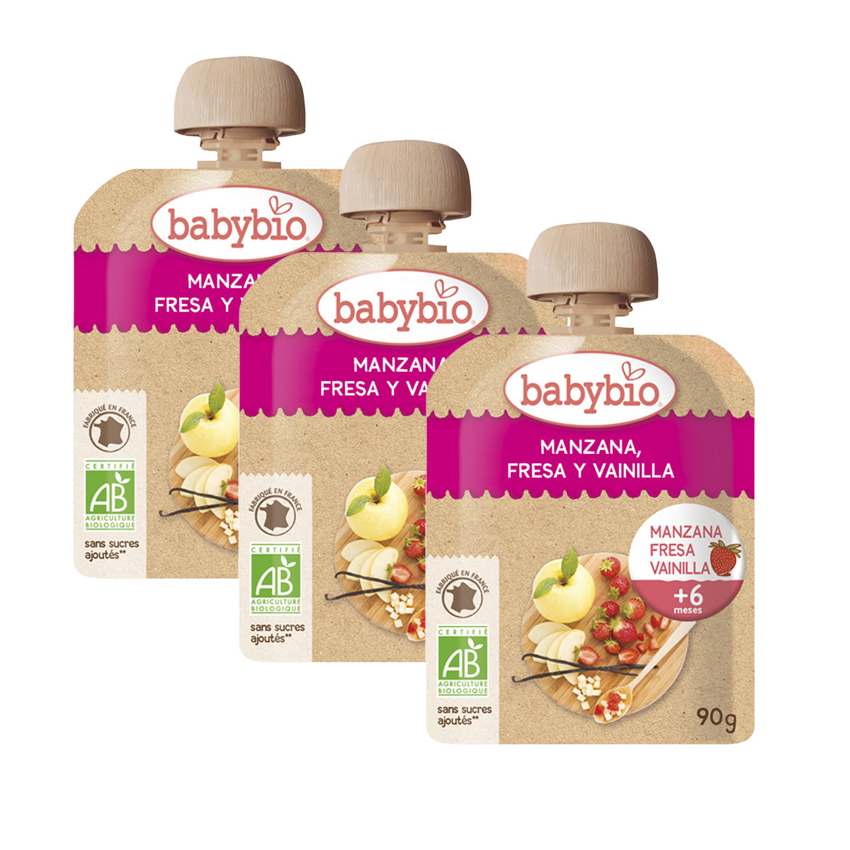 Pack 3x Pouch de fruta: Manzana fresa y vainilla, Babybio, 90g