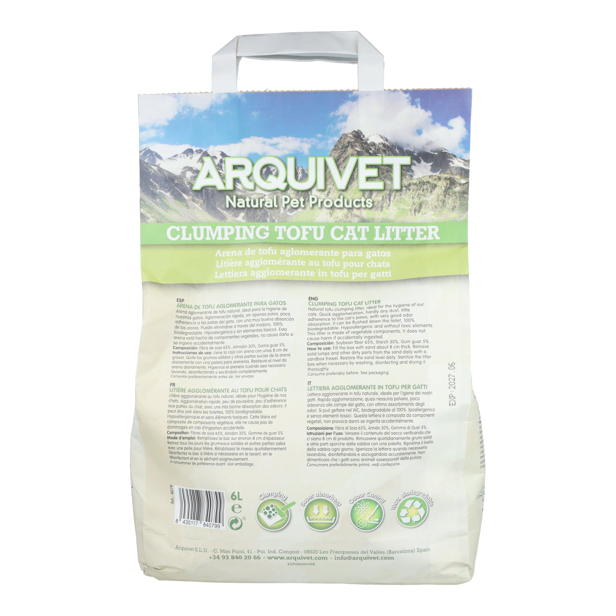 Tofu Cat Litter Arquivet 6 L Arena aglomerante de soja biodegradable
