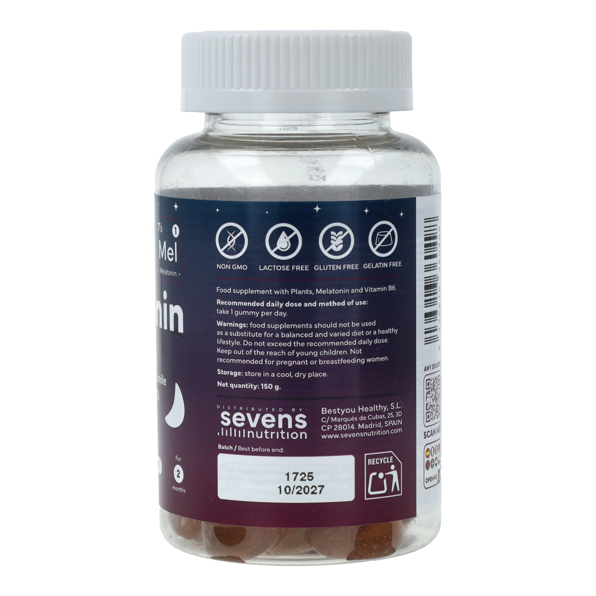 Mélatonine Gummies avec Passiflore Camomille Mélisse et Vitamine B6 Sans Sucre Sevens Nutrition 60 gummies