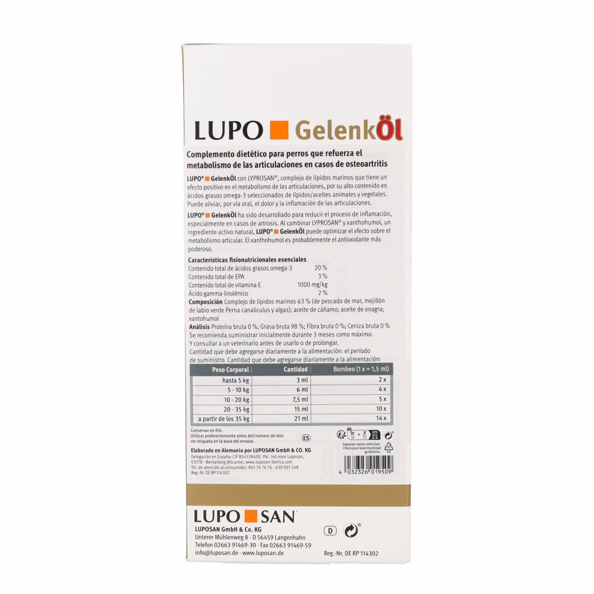 Lupo Gelenköl Huile Chondroprotectrice pour Chiens Lopusan 500 ml