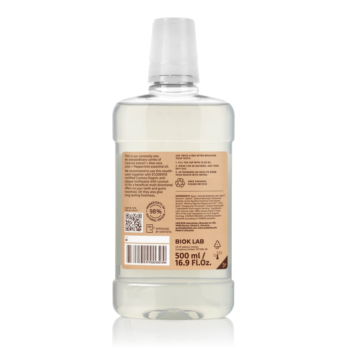 Bain de bouche Haleine Fraîche saveur Aloe Vera, Menthe et Coco Bio EcoDenta 500 ml