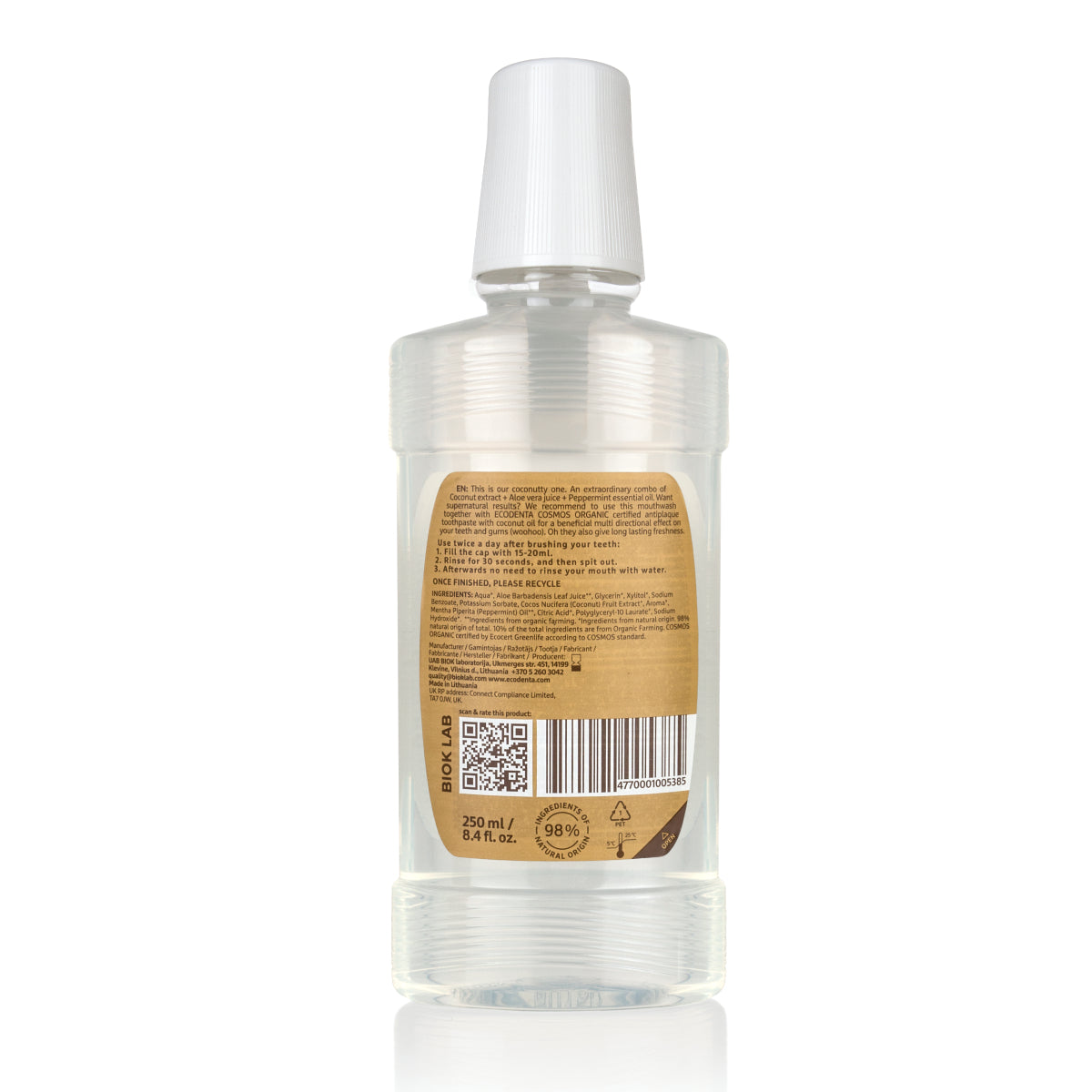 Bain de bouche Haleine Fraîche saveur Aloe Vera, Menthe et Coco Bio EcoDenta 250 ml