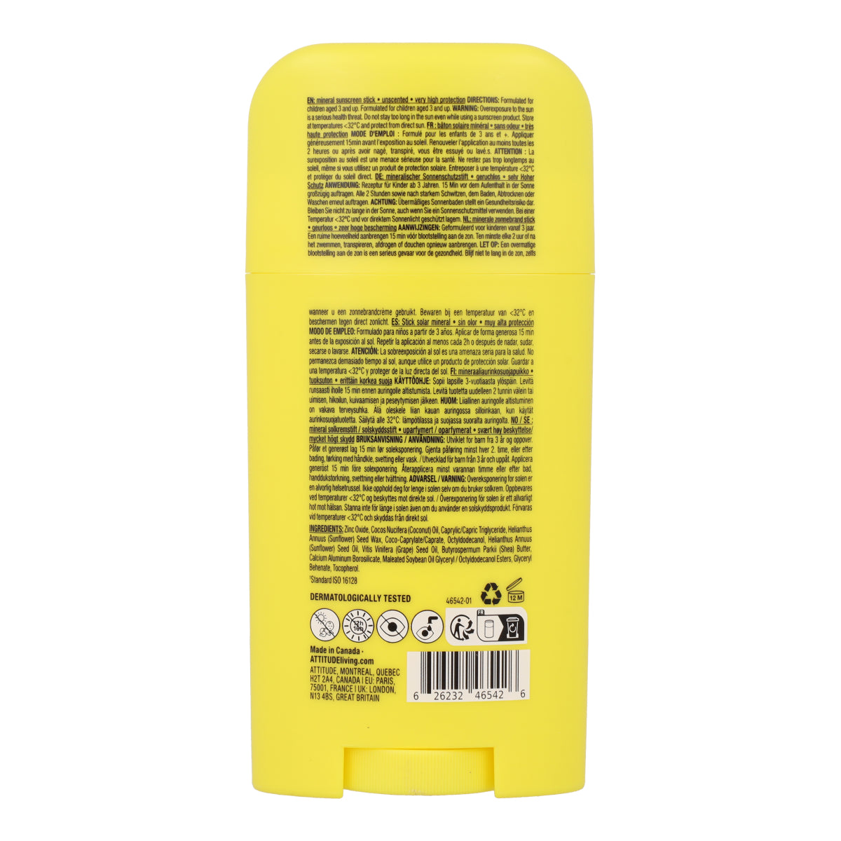 Crème solaire minérale en bâton pour le visage et le corps SPF 50 sans parfum Attitude Sunly 60 g