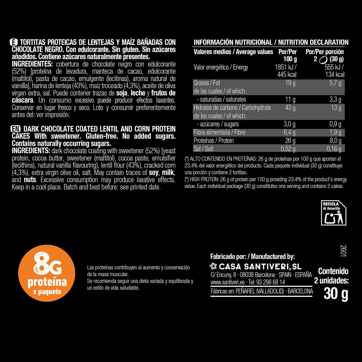 Crêpes Protéinées enrobées de Chocolat Protéiné 2x3 Santiveri 90g