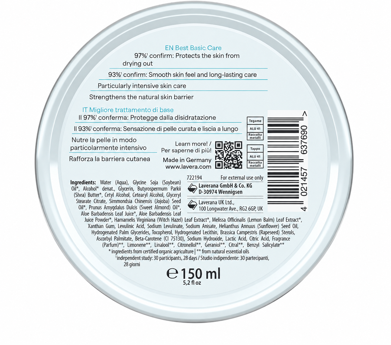 Crème visage & corps Sentitiv Bio Lavera 150 ml
