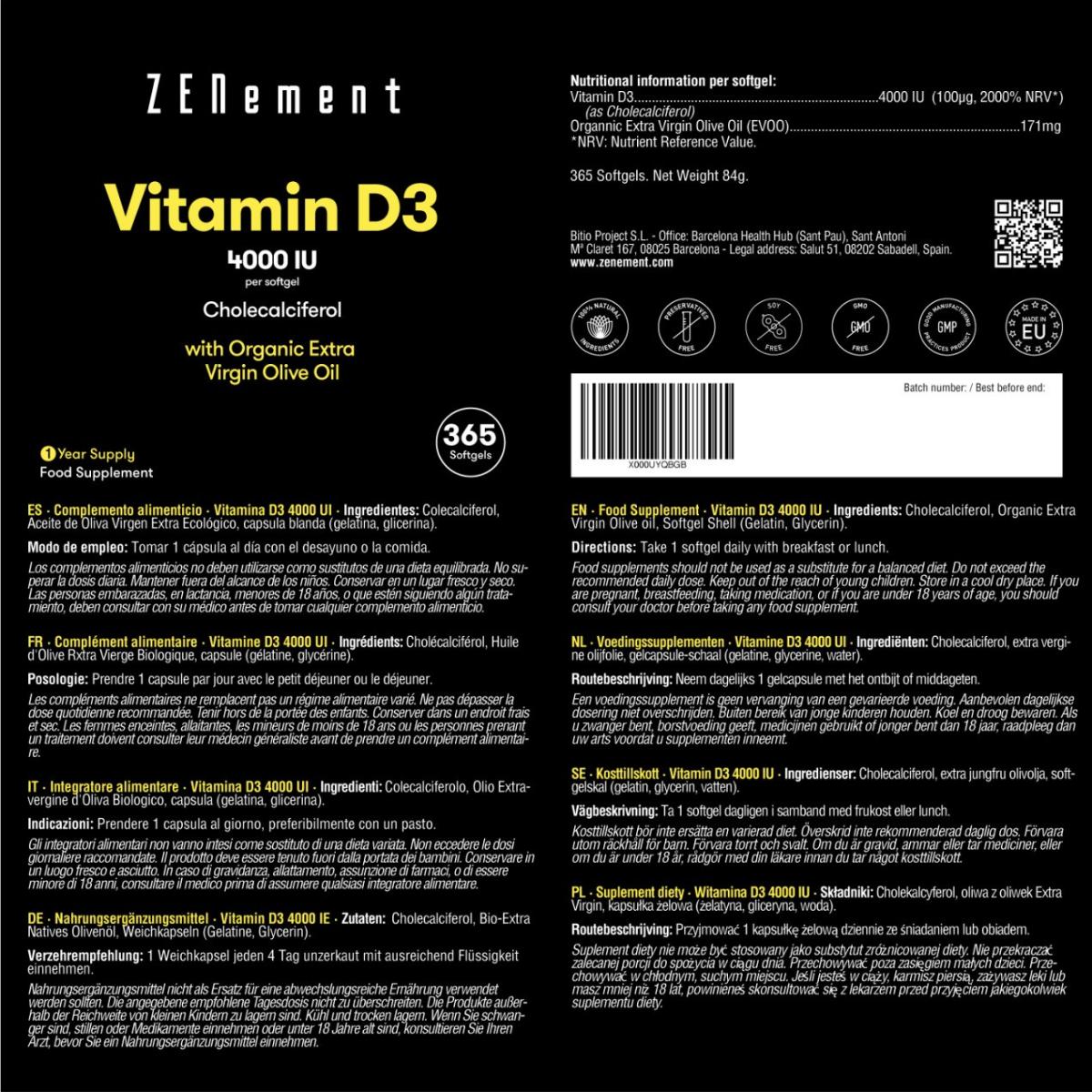 Vitamina D3 4000 UI Zenement, 365 comprimidos