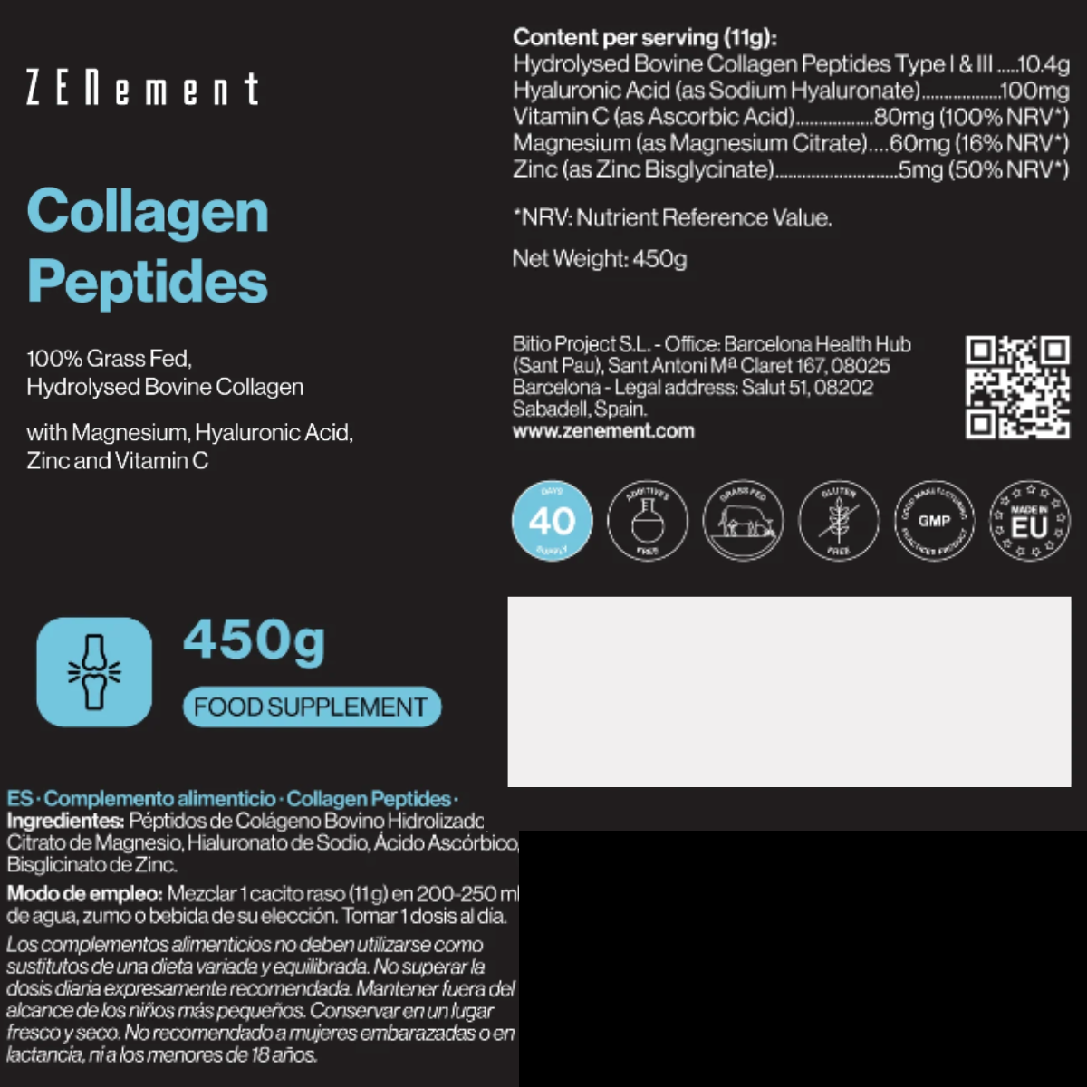 Péptidos de colágeno bovino hidrolizado Zenement 450 g