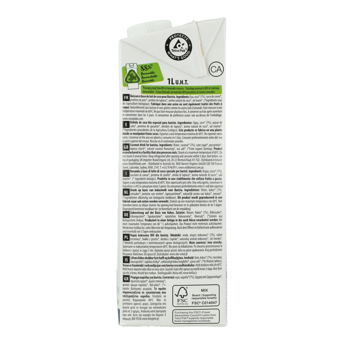 Pack 6x Bebida vegetal de Coco Barista BIO EcoMil 1L