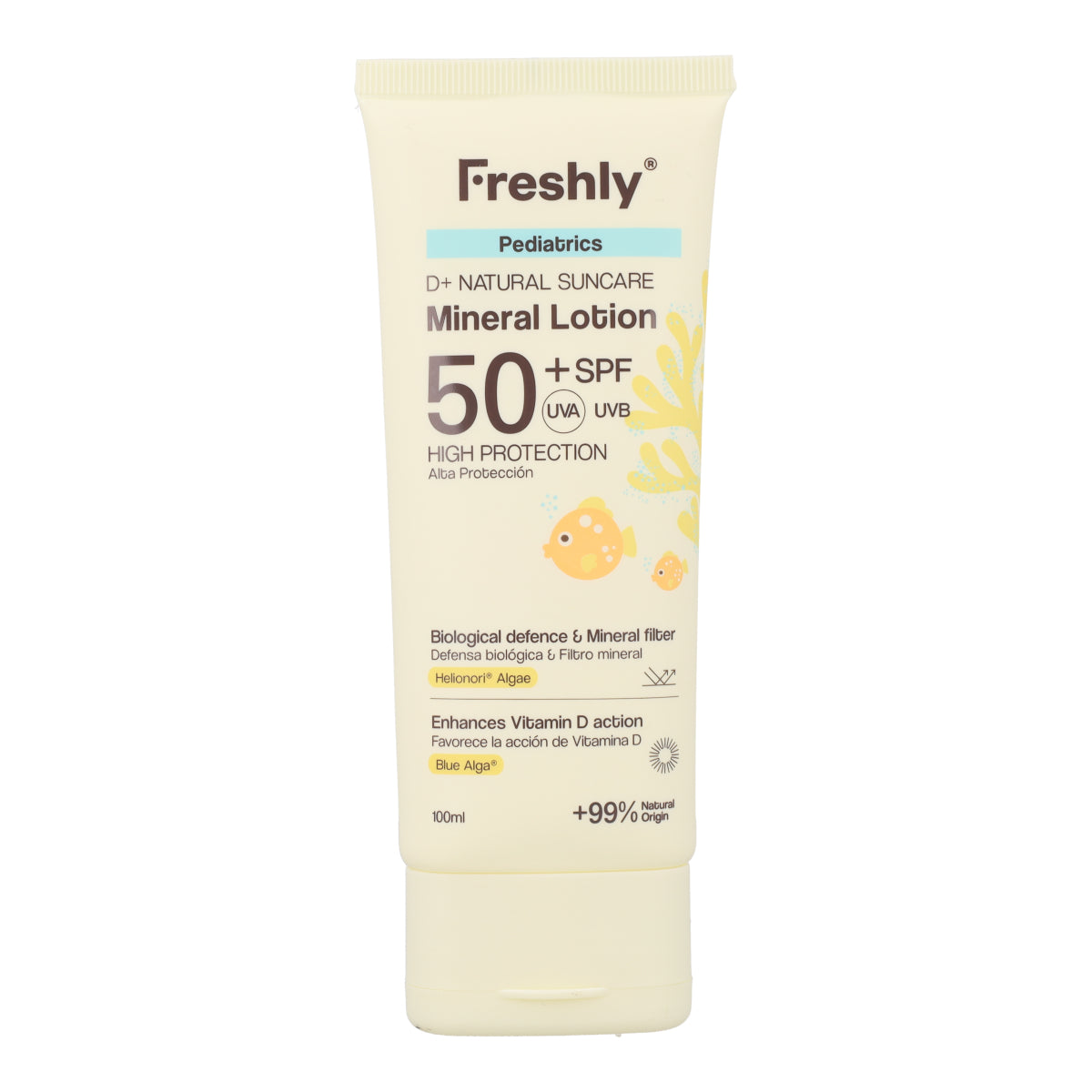 Pédiatrie D+ Protection Solaire Naturelle Lotion Minérale SPF50 Freshly Cosmetics 100 ml