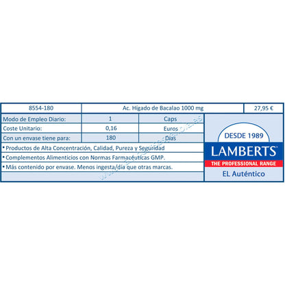 Aceite de Hígado de Bacalao Lamberts 180 cápsulas