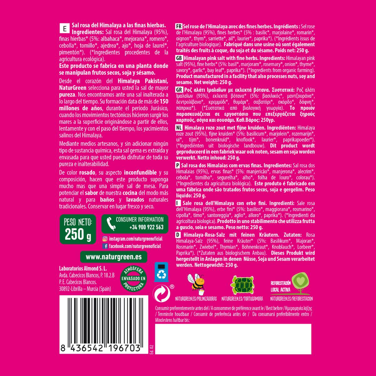 Sal Rosa del Himalaya con Finas Hierbas ecológicas Naturgreen 250g