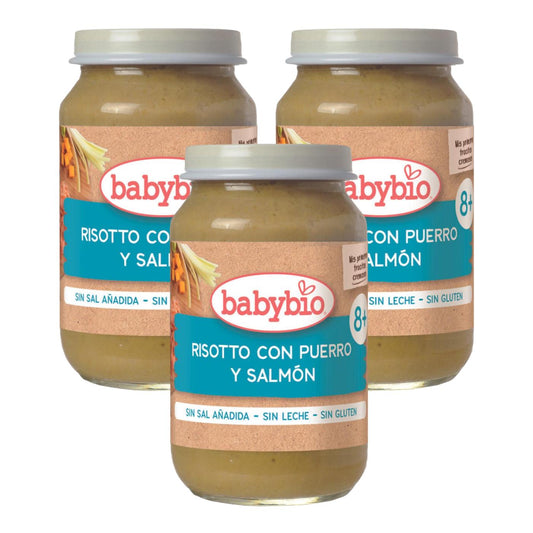Pack 3 unidades potito de risotto con puerros y salmón Babybio 200 g