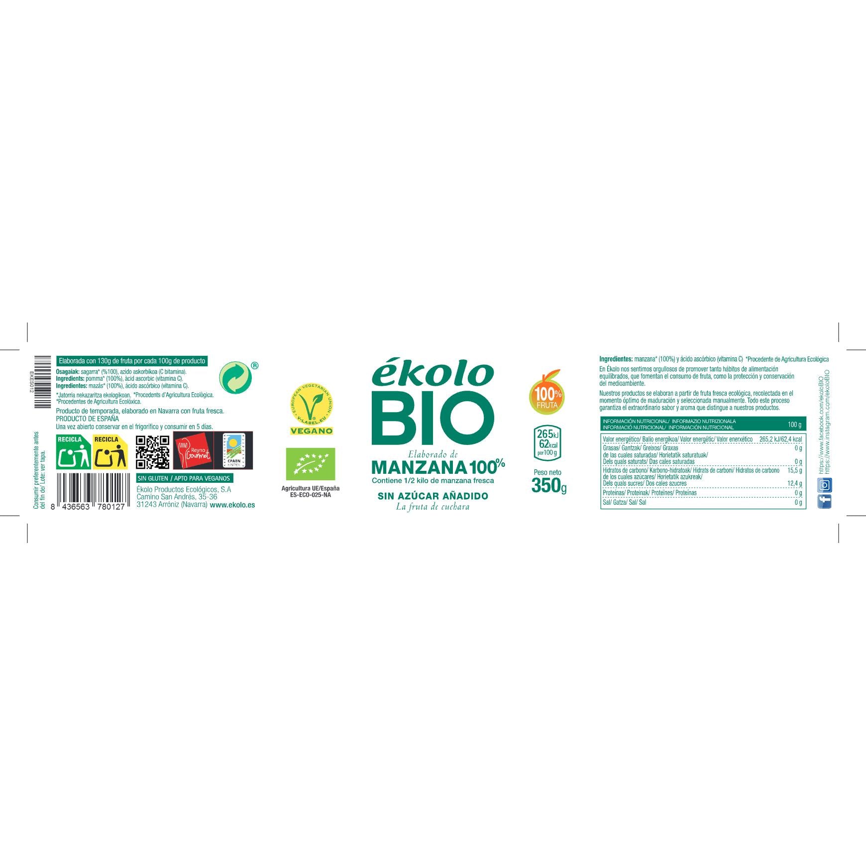 Elaborado de Manzana 100% sin azúcar BIO Ékolo 350 g