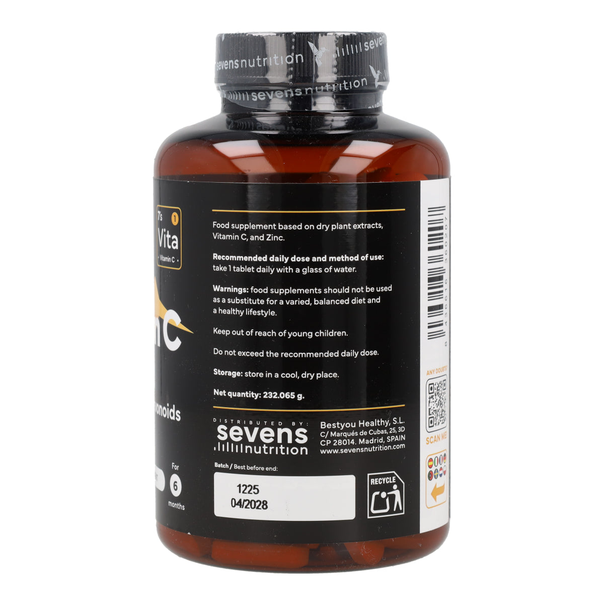 Vitamine C avec Zinc, Bioflavonoïdes et Cynorhodon Sevens Nutrition 180 gélules