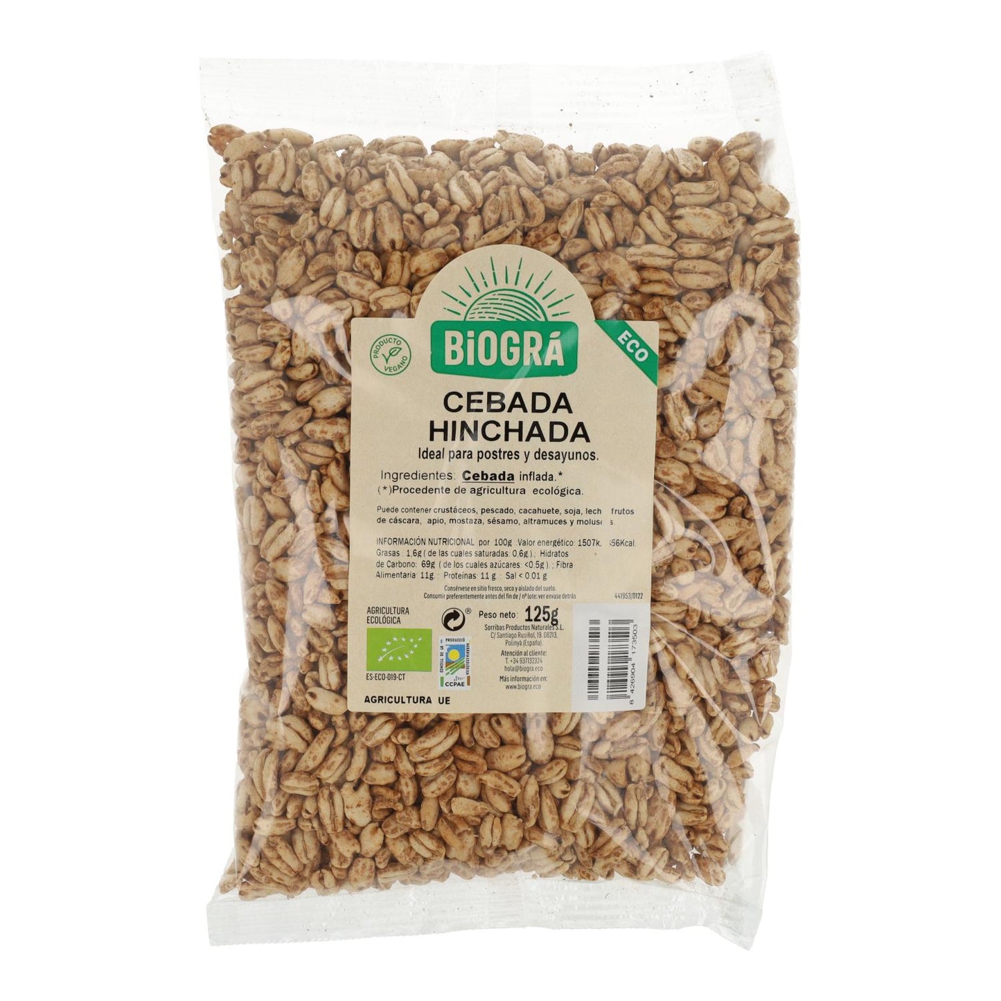 Cebada hinchada BIO Sin Azúcar Biogrà, 125 g