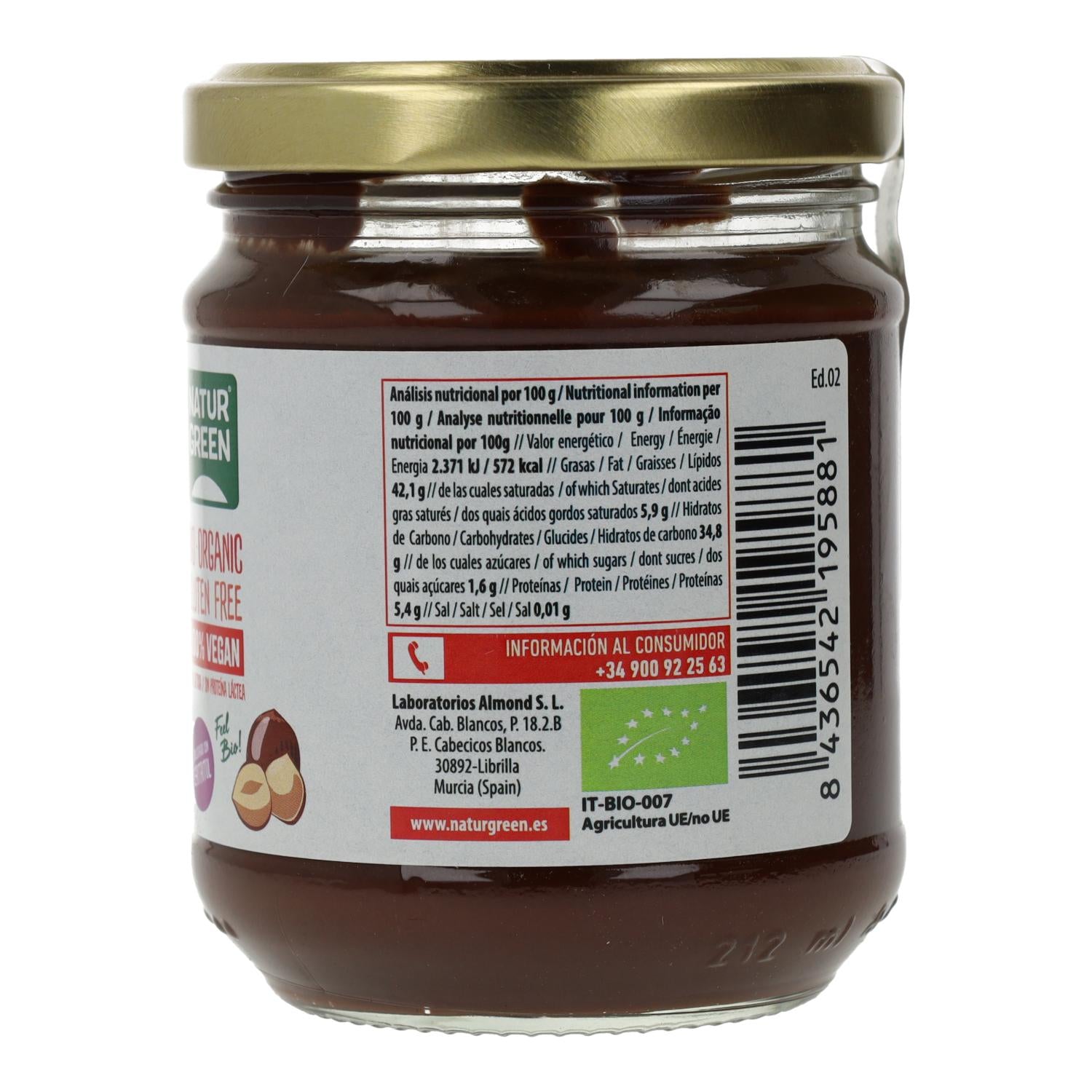 Crema de Avellanas y Cacao contenido reducido de azúcares Naturgreen 200 g