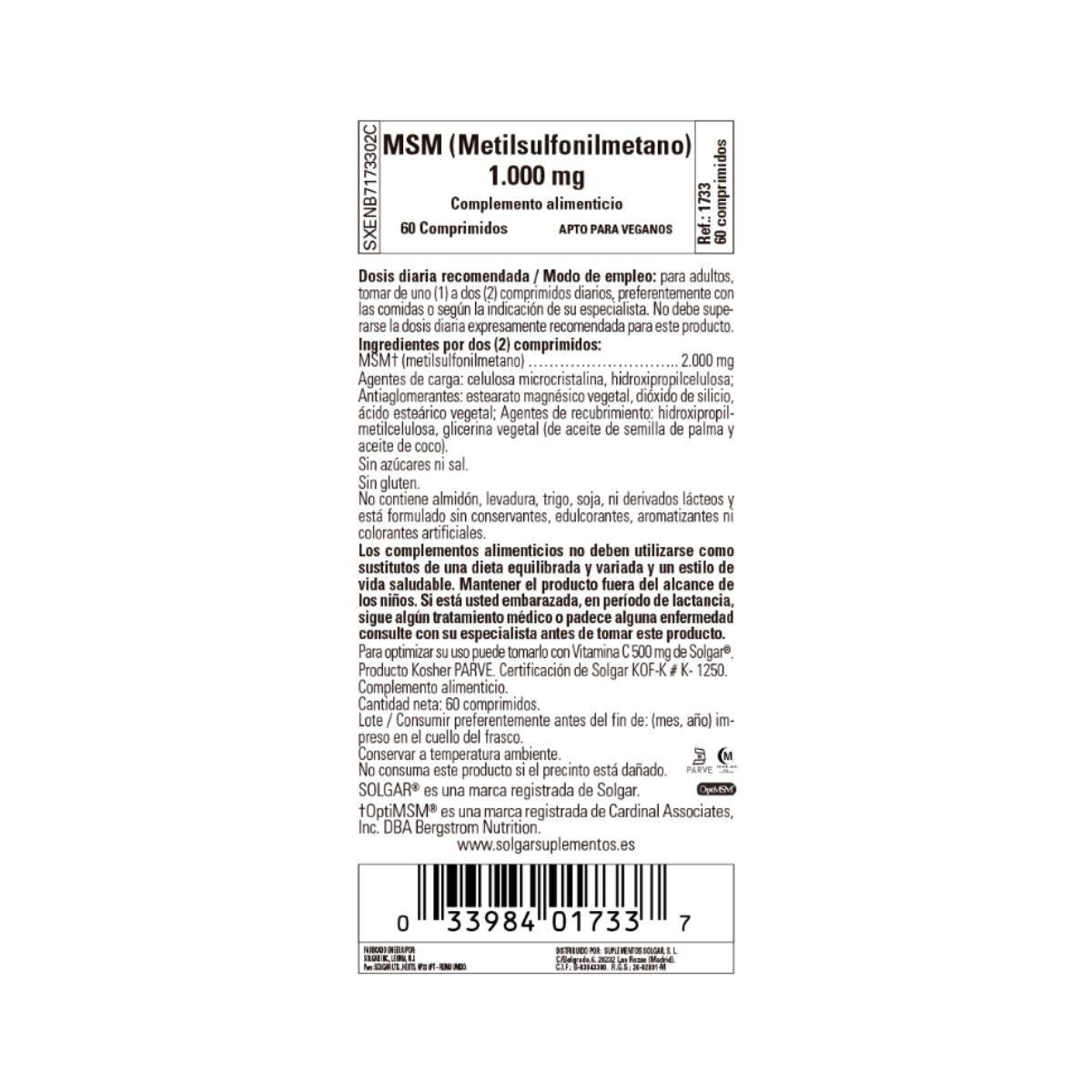 MSM (Metilsulonilmetano), 60 comprimidos de 1000mg