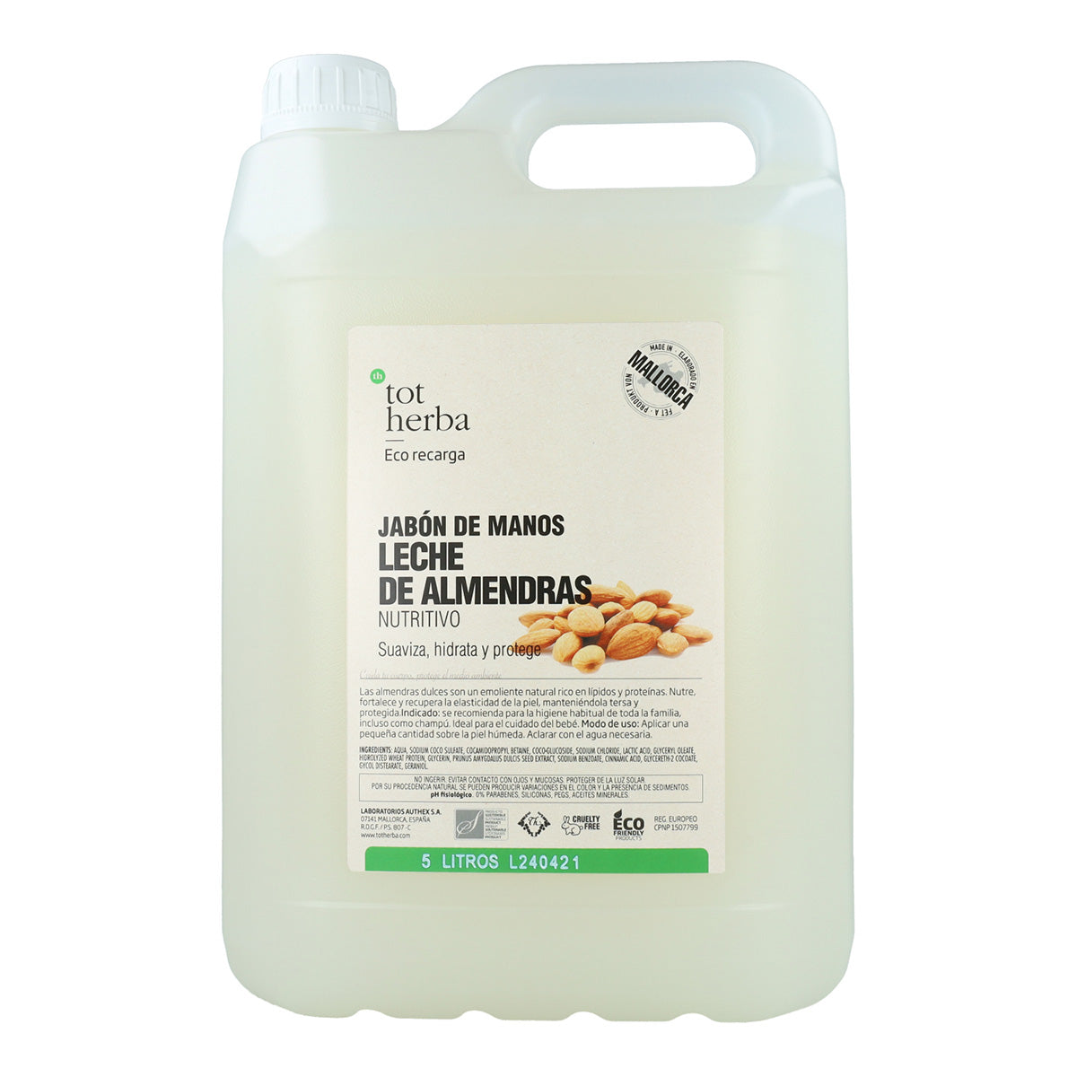 Jabón de manos leche de almendras, 5 litros, Tot Herba