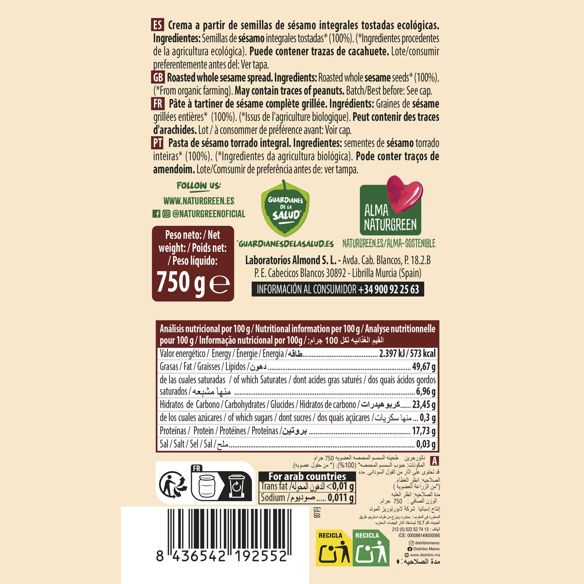 Tahini grillé Naturgreen 800 g