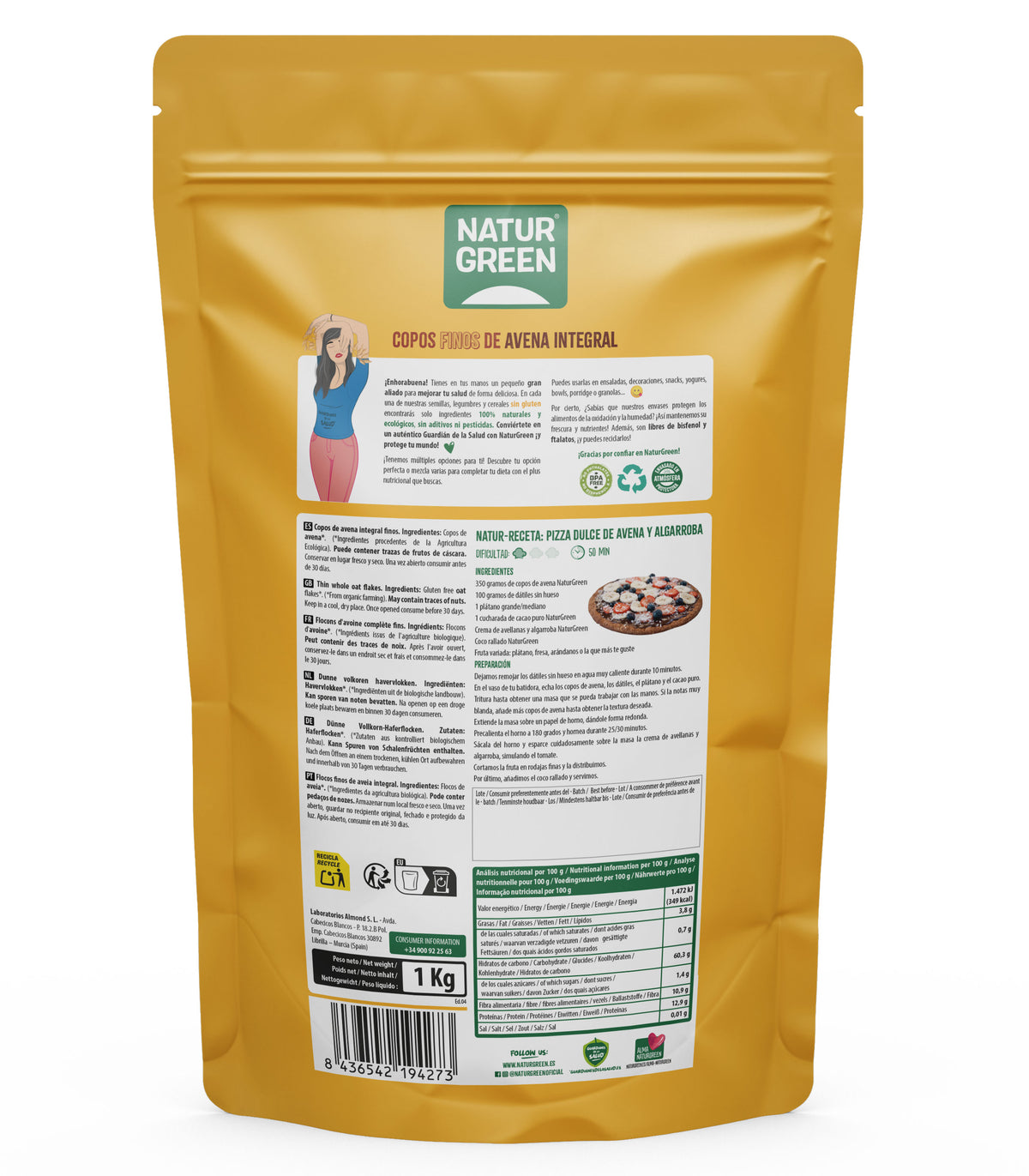 Lot de 2 paquets de flocons d'avoine fins sans gluten bio NaturGreen Lot de 2 paquets de 1 kg