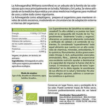 Ashwagandha en polvo ECO 125 g, Salud Viva