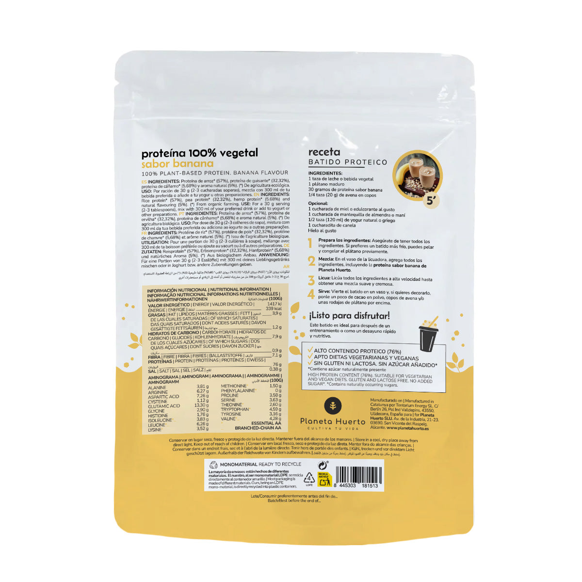 Proteína vegana ECO 76% Banana Planeta Huerto 500 g