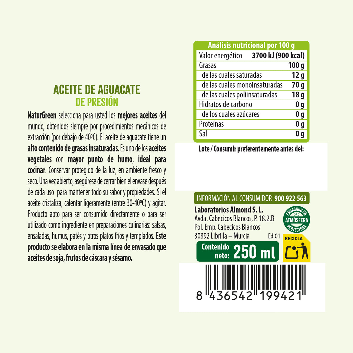 Huile d'Avocat bouteille PET NaturGreen 250 ml