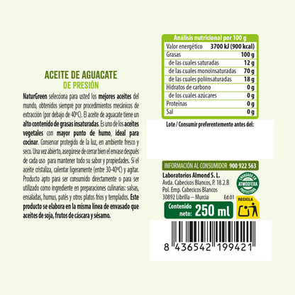 Huile d'Avocat bouteille PET NaturGreen 250 ml