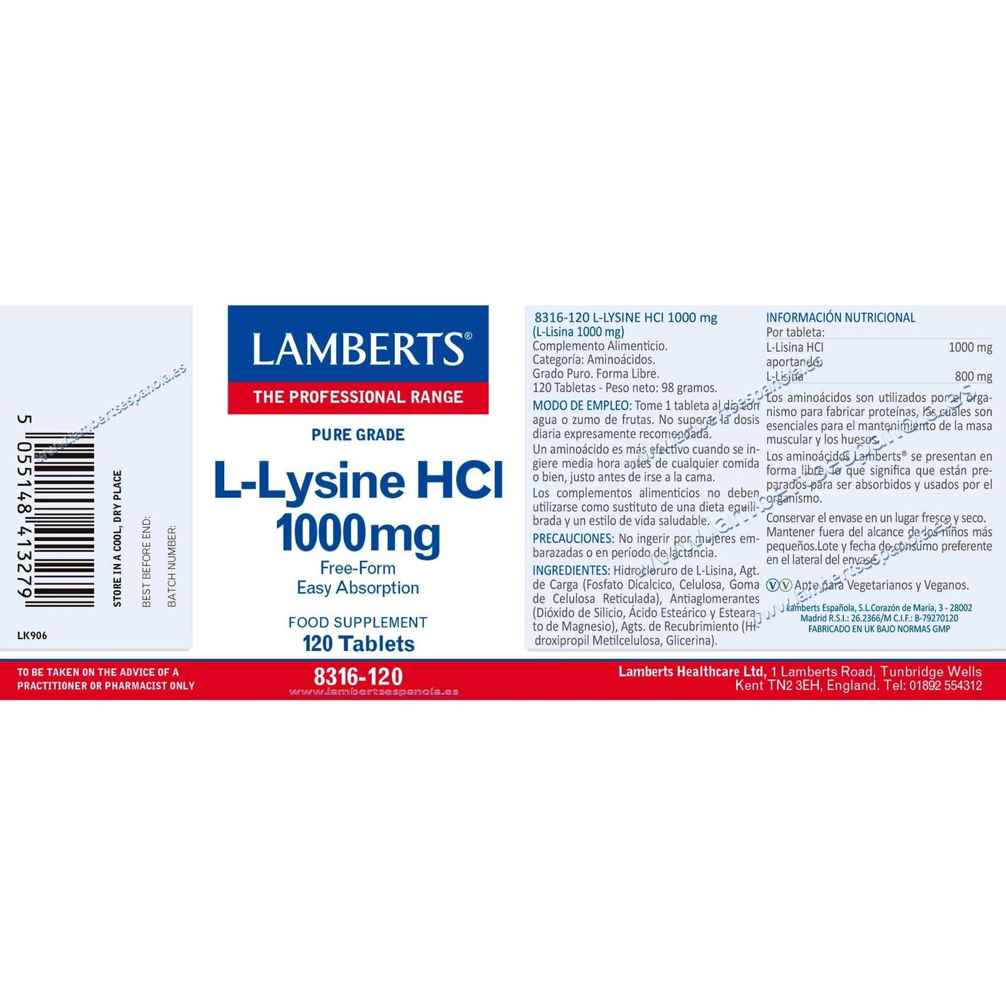 L-Lisina 1000 mg Lamberts, 120 tabletas