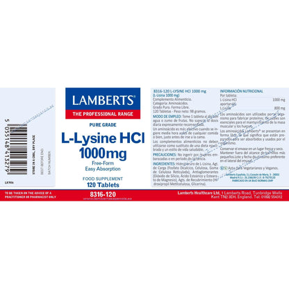 L-Lisina 1000 mg Lamberts, 120 tabletas