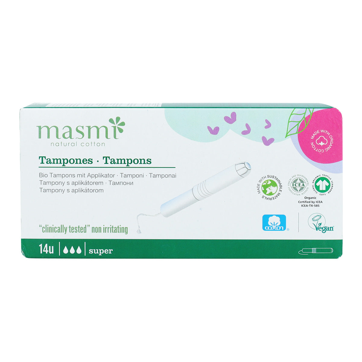 Tampón súper con aplicador algodón ECO Masmi, 14 unidades