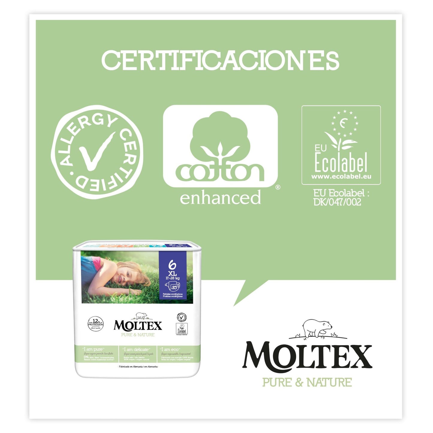 Pañales Moltex Pure & Nature T6 (17-28 kg), 35 Uds