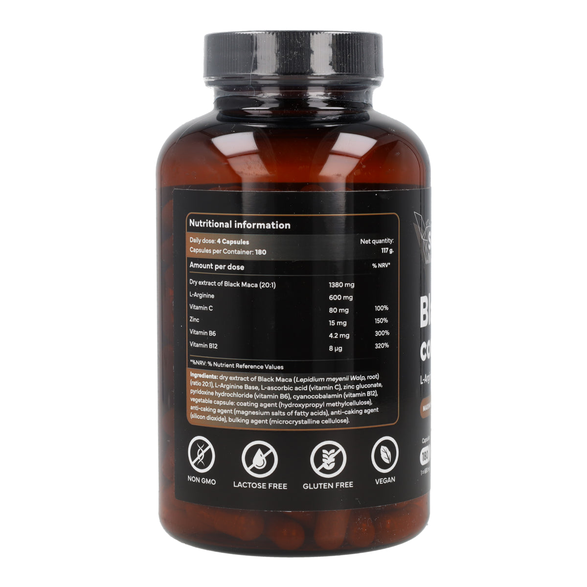 Maca noire avec L-arginine, zinc et vitamines B6, B12 et C Sevens Nutrition 180 gélules