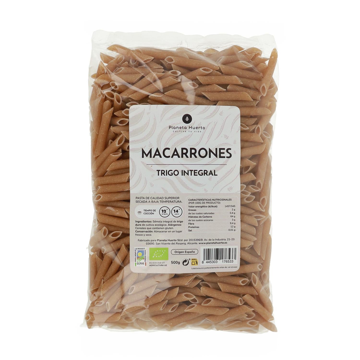 Macarrones de trigo integral ECO Planeta Huerto 500 g