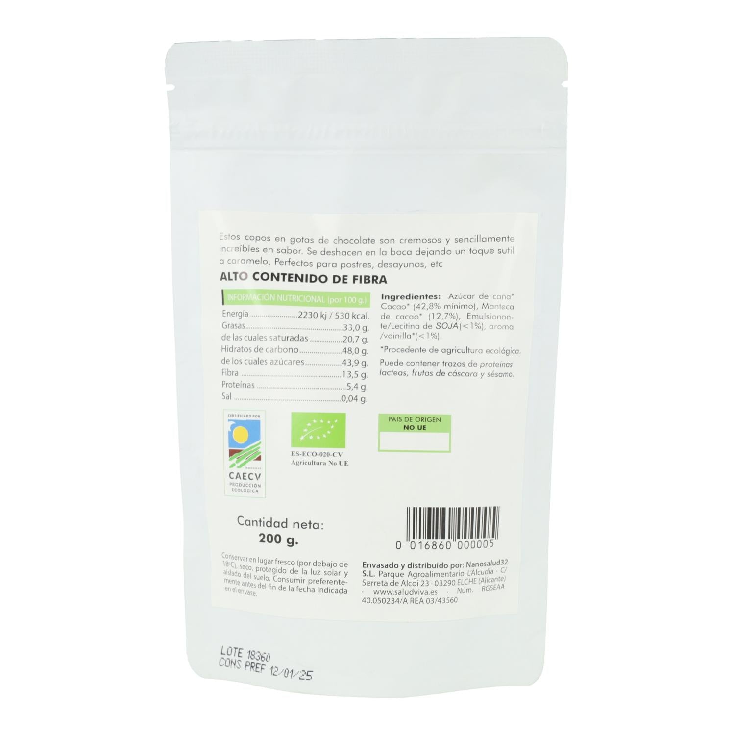 Copos de chocolate en gotas crudo Eco Salud Viva 200 g