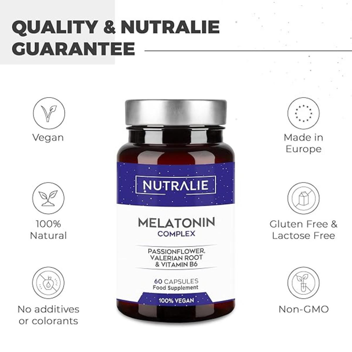 Melatonina con Pasiflora + Raíz Valeriana + B6 Nutralie 60 cápsulas
