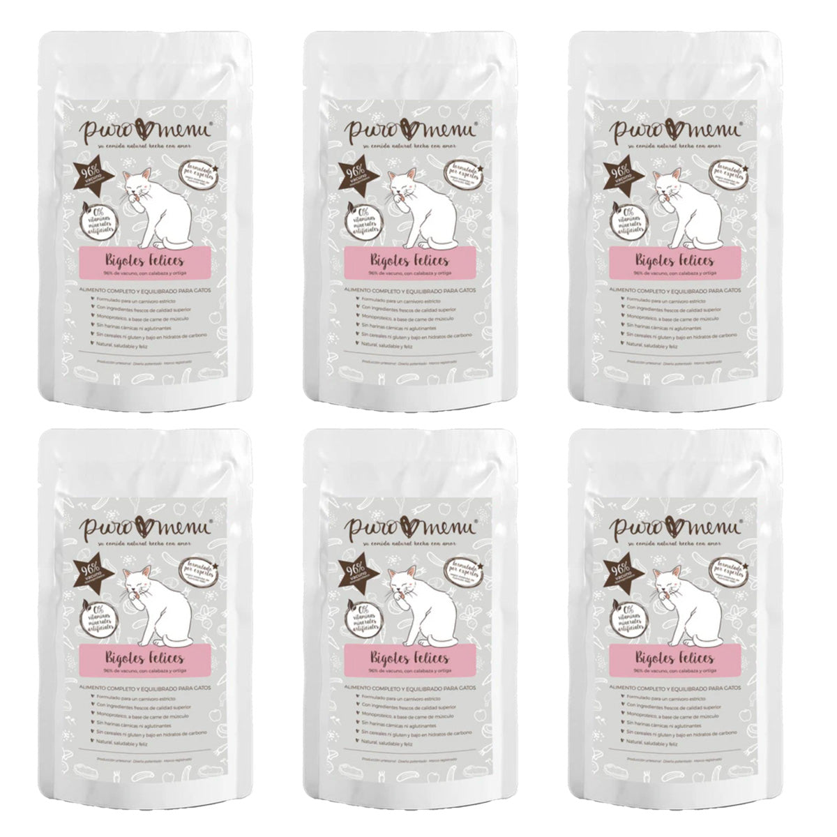 Pack Bigotes Felices (Vacuno) BIO Puromenu 6x100 g Comida húmeda Barf gatos