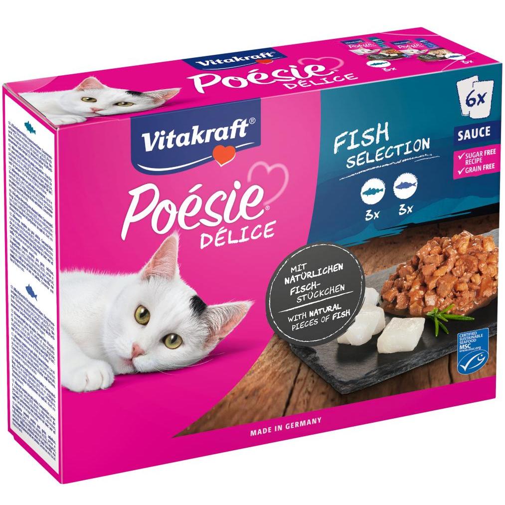 Vitakraft MULTIPACK Poésie Deli Sauce pescado 6 x 85 g (3 uds. abadejo + 3 uds. bacalao) comida húmeda gato