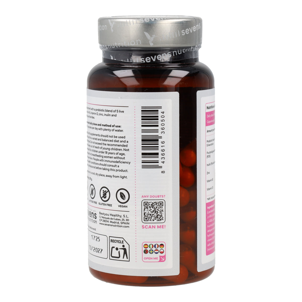 Probiotiques Flore Intime Femme avec Inuline FOS Zinc et Vitamines B2 et D3 Sevens Nutrition 60 capsules