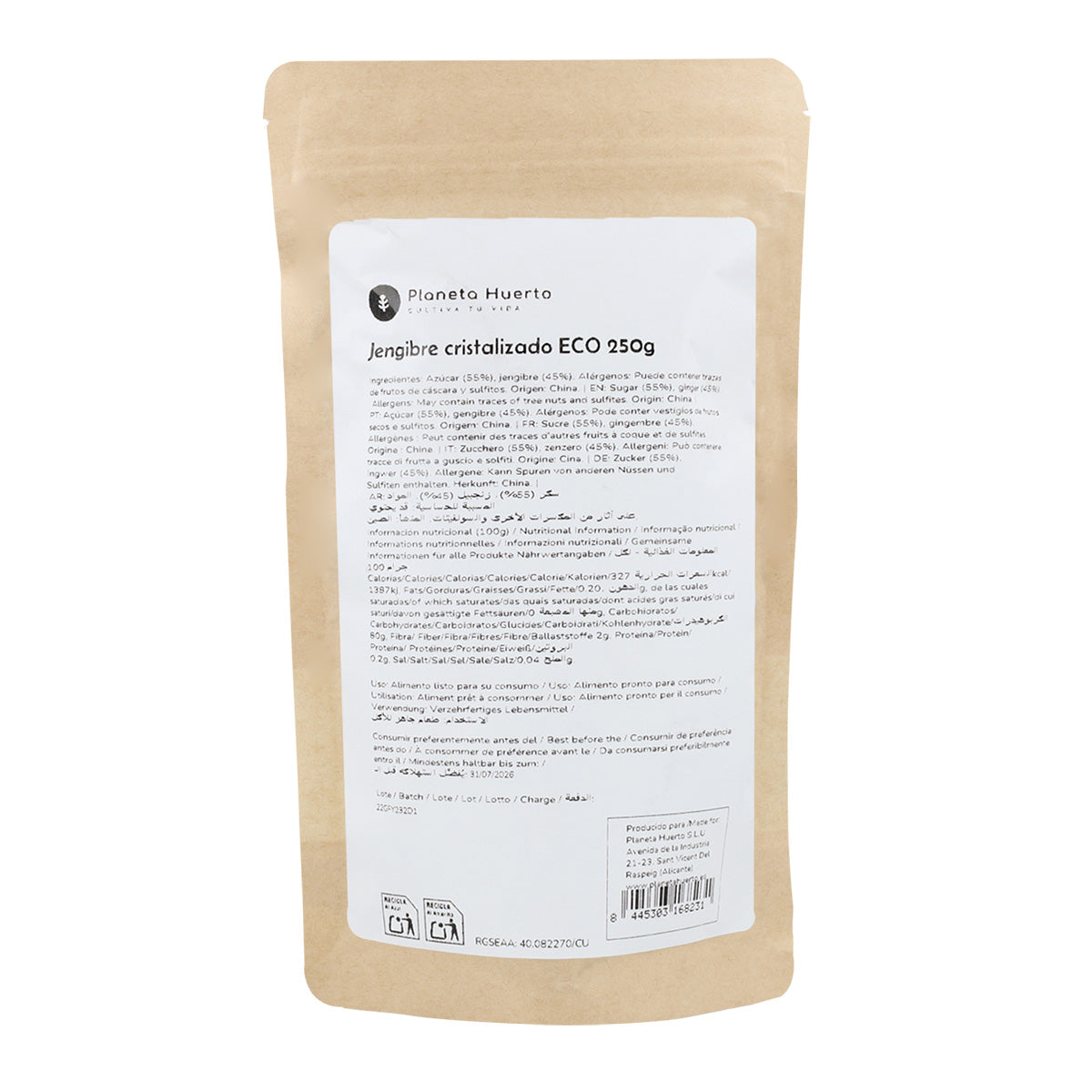 Jengibre cristalizado ECO Planeta Huerto 250 g