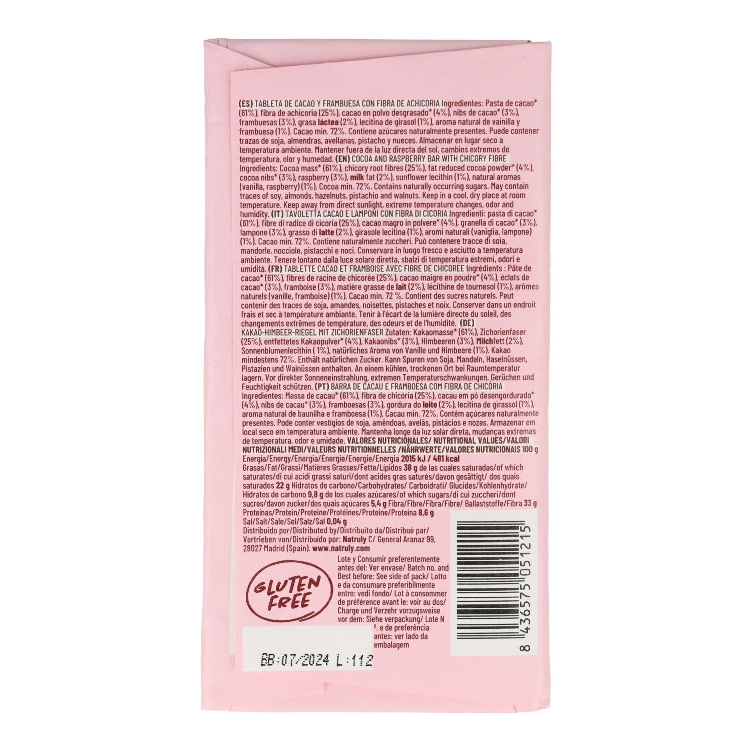 Chocolicious con frambuesa y nibs de cacao Natruly 85 gr