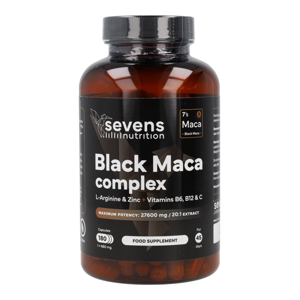 Maca noire avec L-arginine, zinc et vitamines B6, B12 et C Sevens Nutrition 180 gélules