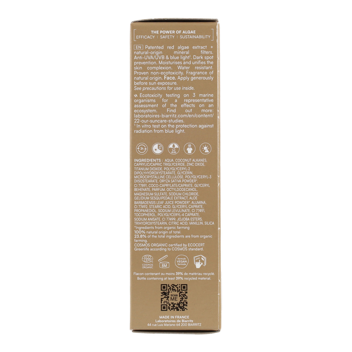 Crème solaire protectrice pour le visage couleur beige SPF30 Alga Maris 50 ml