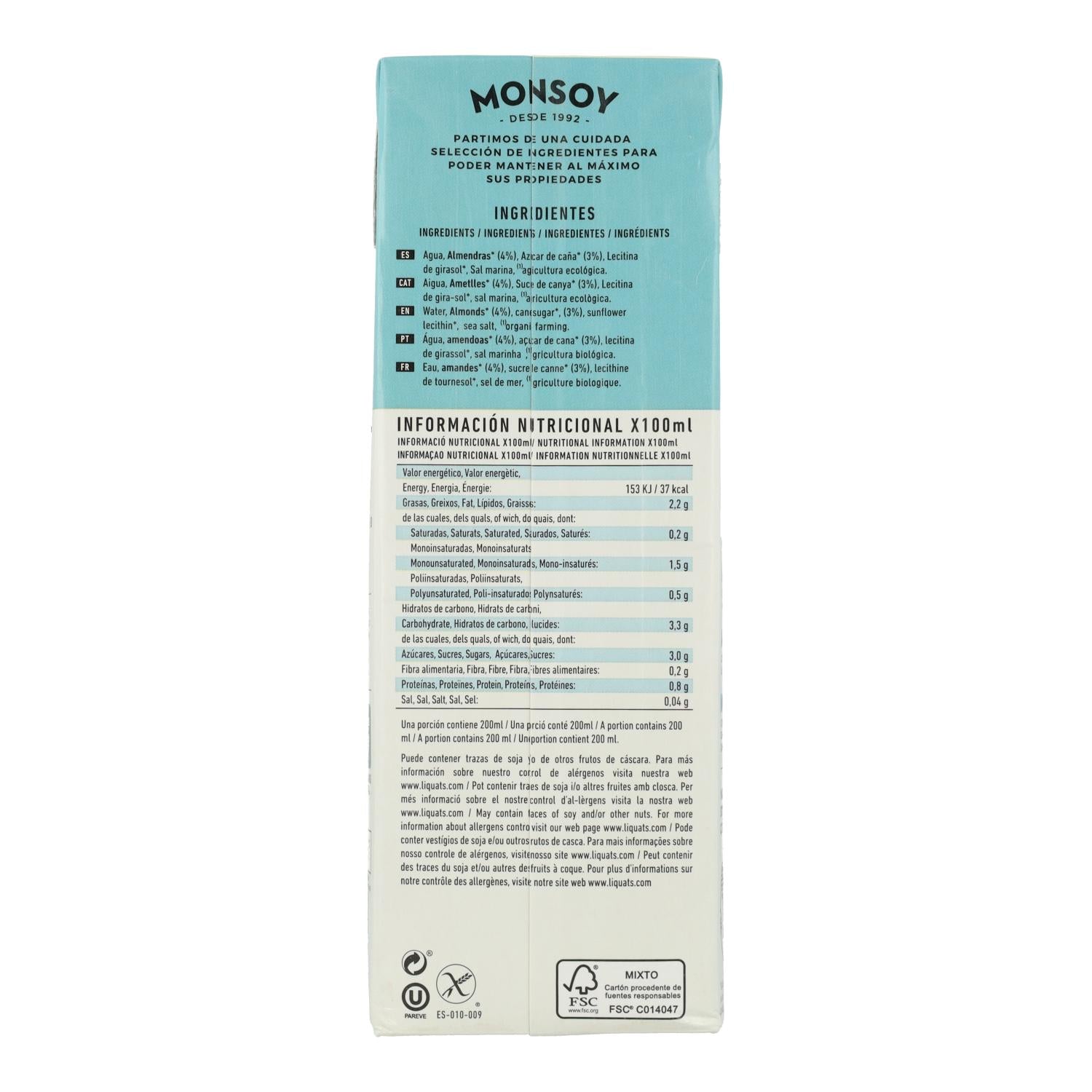 Bebida Almendra BIO Monsoy 1 L