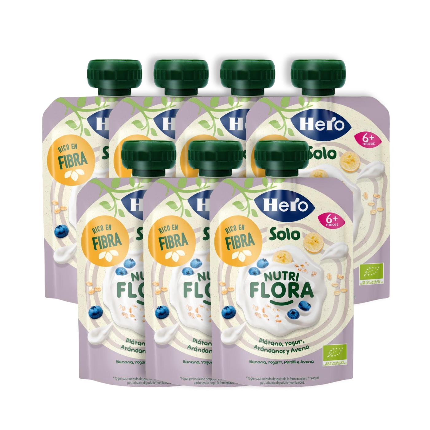 Pack x7 Bolsita Nutri Flora sabor Plátano, Arándanos, Yogur y Avena 100 g Hero Solo