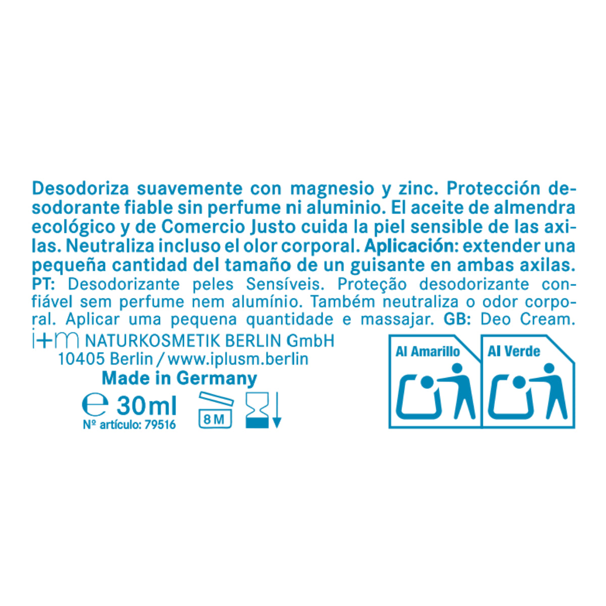 Déodorant crème peaux sensibles Sans bicarbonate Sans parfum I+M 30ml