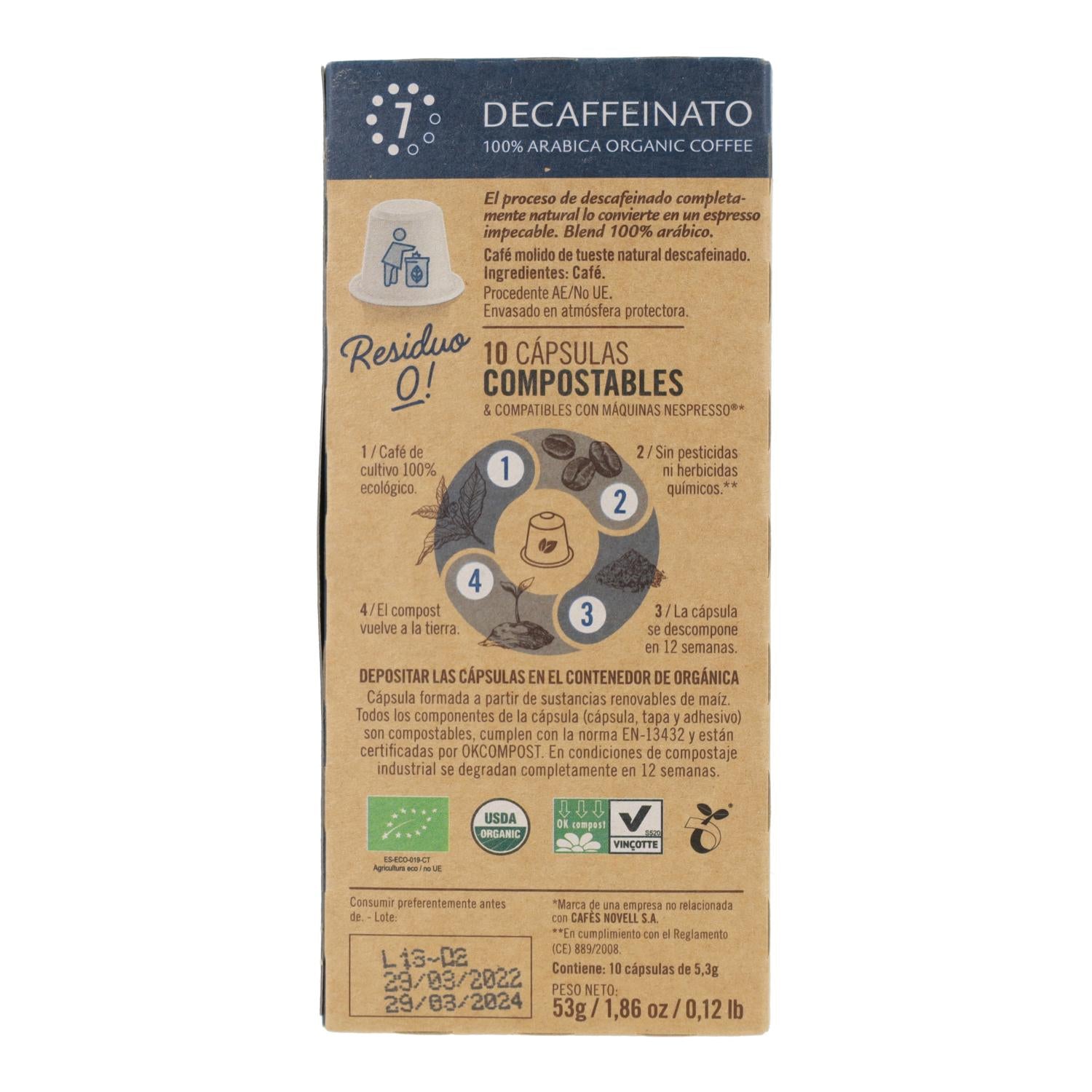 Cápsulas compostables de café descafeinado para nespresso Novell 10 unidades