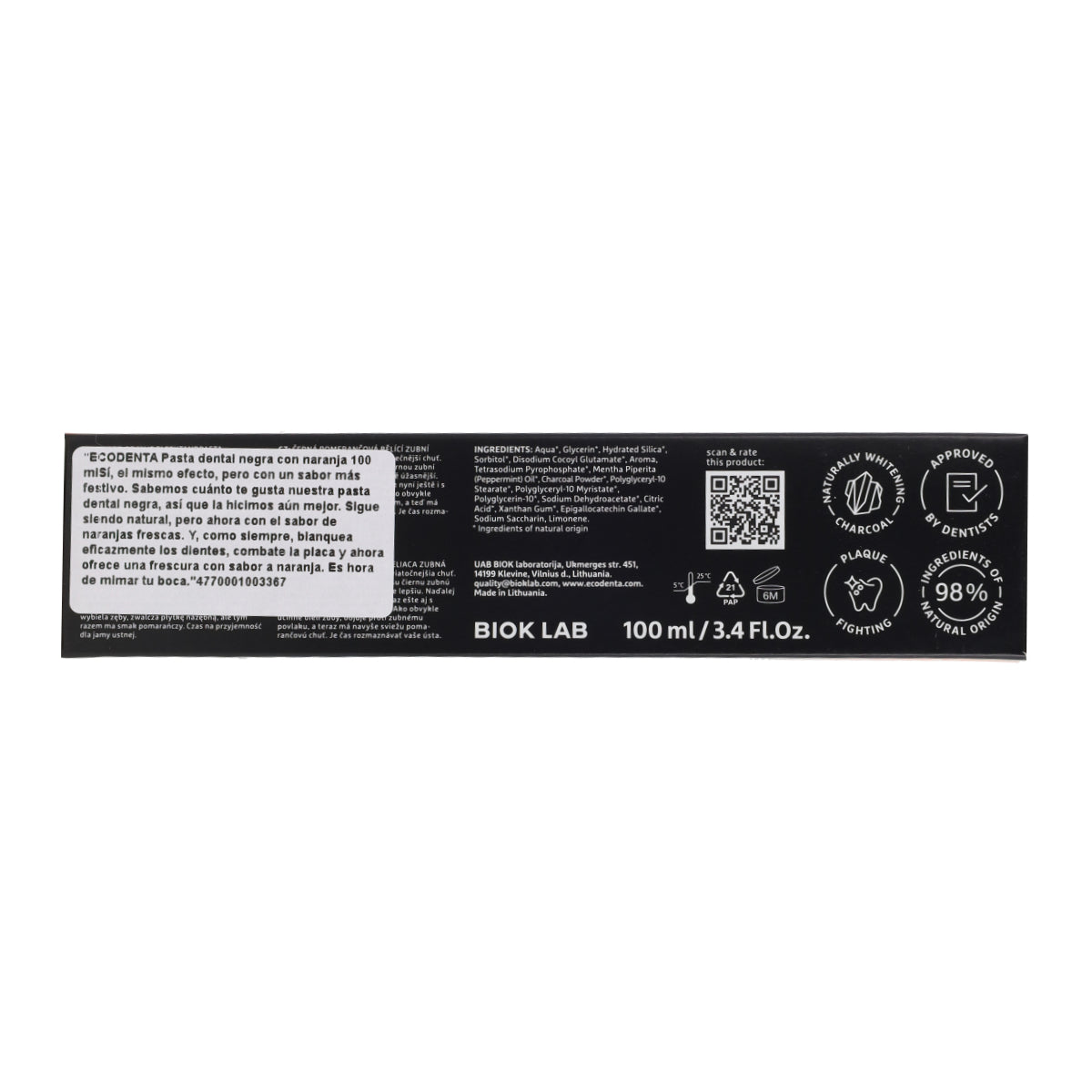 Dentifrice Noir Blanchissant saveur Orange EcoDenta 100 ml