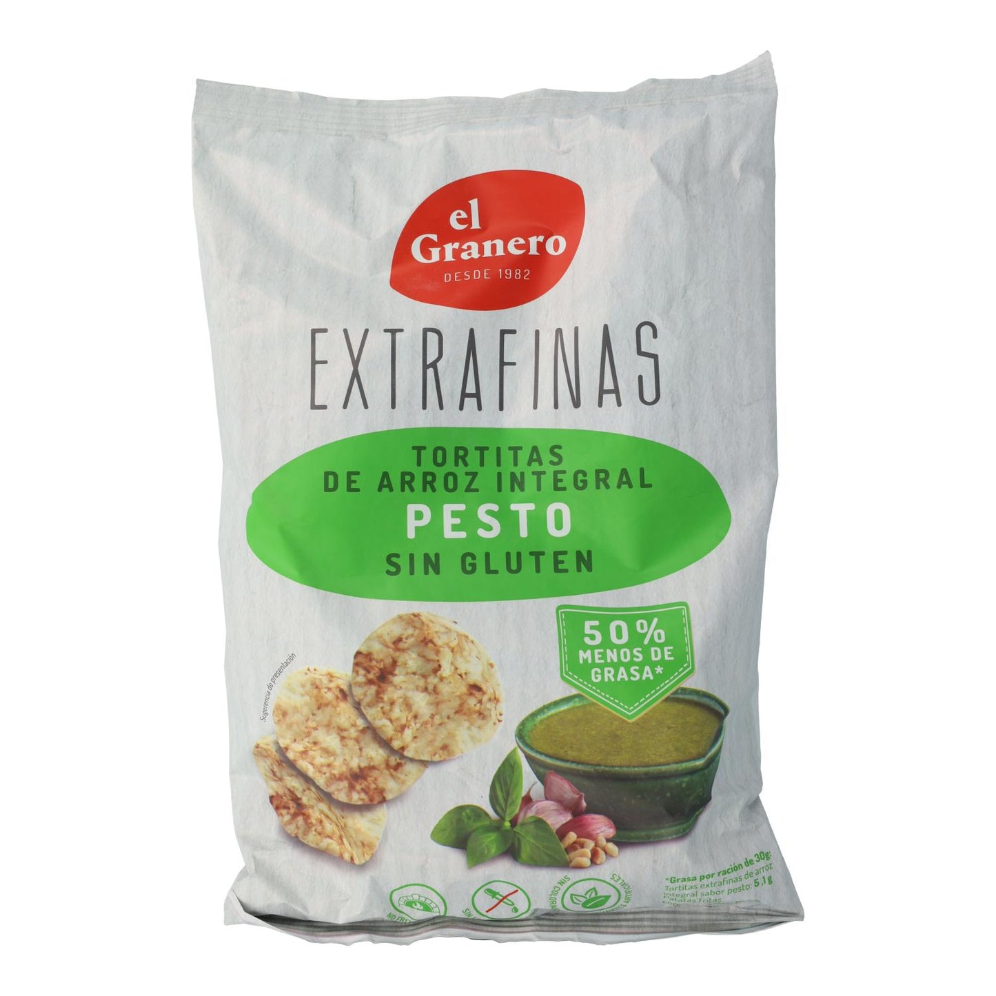 Tortitas Extrafinas de Arroz Integral y Pesto Sin gluten El Granero 60 g